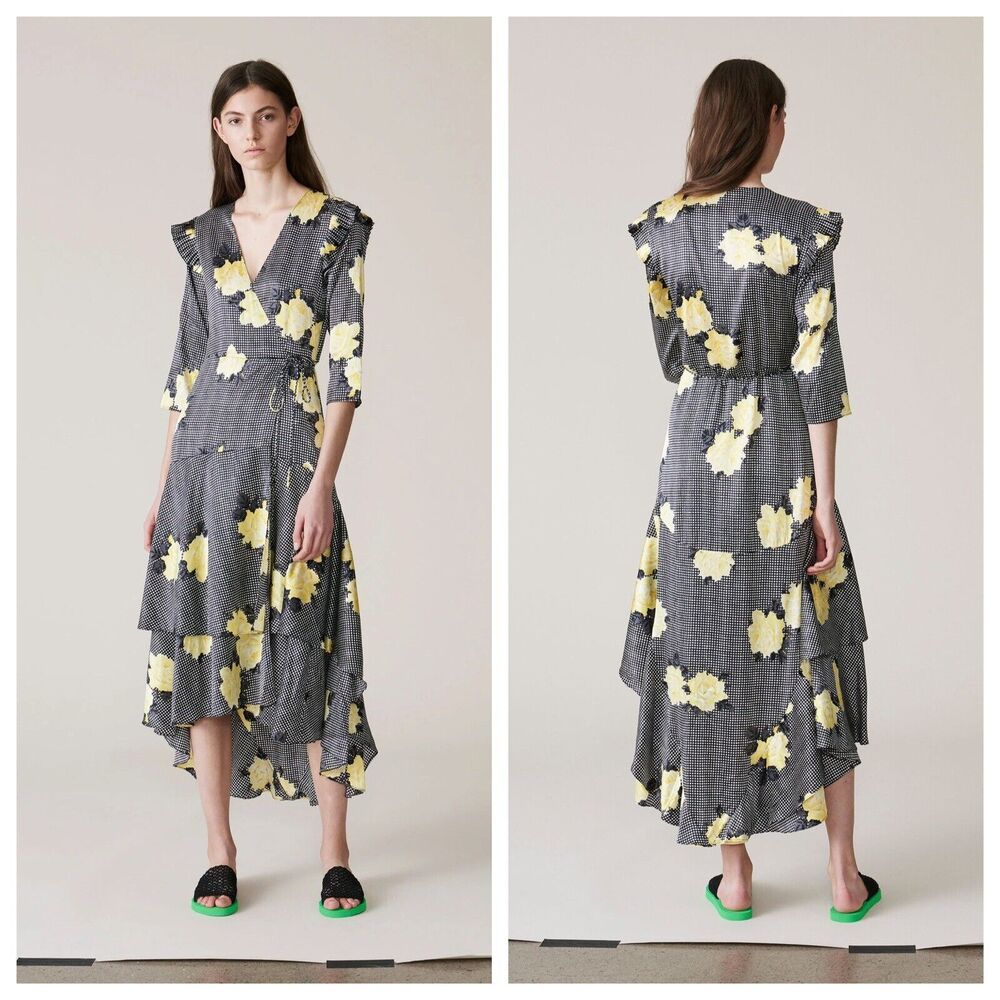 Ganni Calla Yellow Floral Silk Wrap Dress Assymetrical Ruffle Hem Size 34 US 4 S